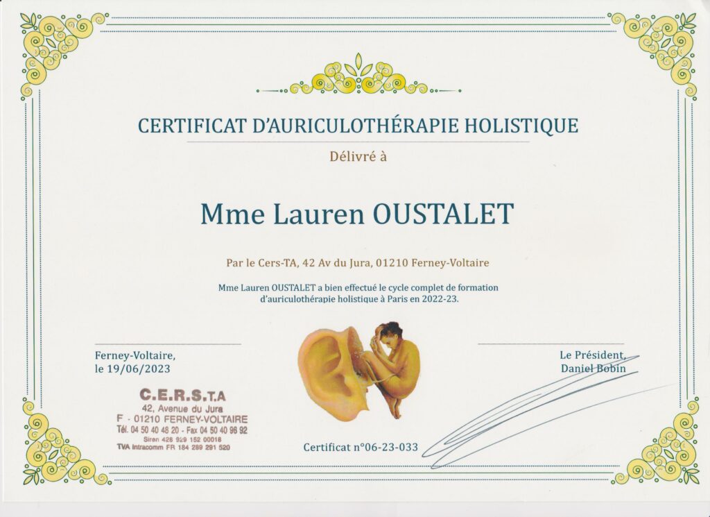 Certificat d'auriculothérapie holistique délivré par le CERS-TA